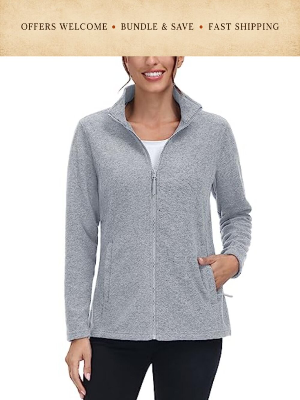 Women's Full Zip Fleece Jacket Lightweight Winter Warm Active Coat 2 Pockets